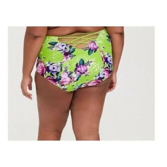 Torrid Neon Green Floral Lattice High Waist Swim Bottom 4X - Picture 8 of 10